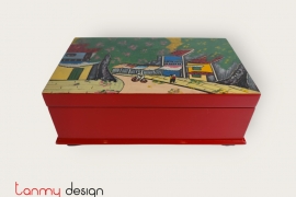 Red rectangular lacquer box hand-painted with Old Quarter/ small size / 15*25*H12cm